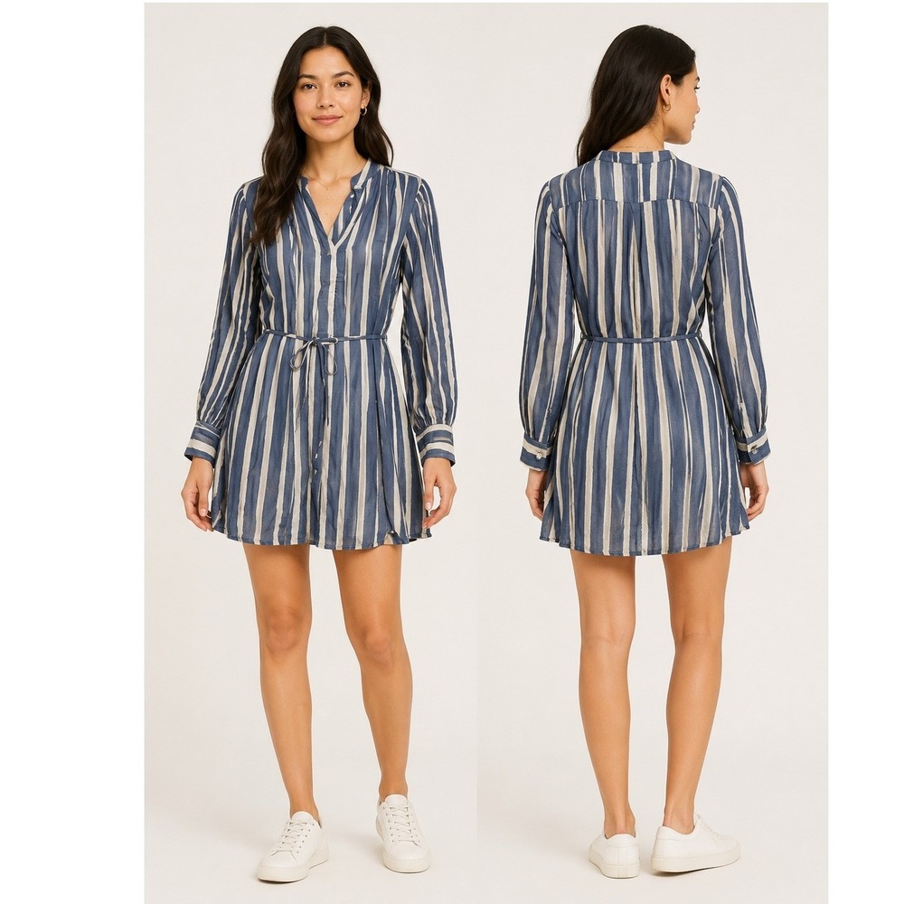 Banana Republic Blue White Striped Tie Waist Mini Shirt Dress Small Long Sleeve
